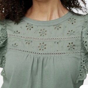 J. Crew Eyelet Ruffle Shoulder Top- Sage Green
